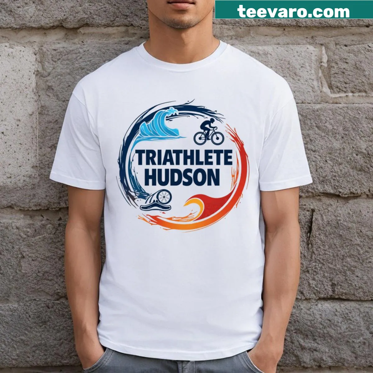 Dynamic triathlete t-shirt featuring Swim, Bike, Run text — on a men's t-shirt