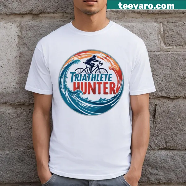 Dynamic triathlete shirt with 'Swim Bike Run' and name Hunter.
