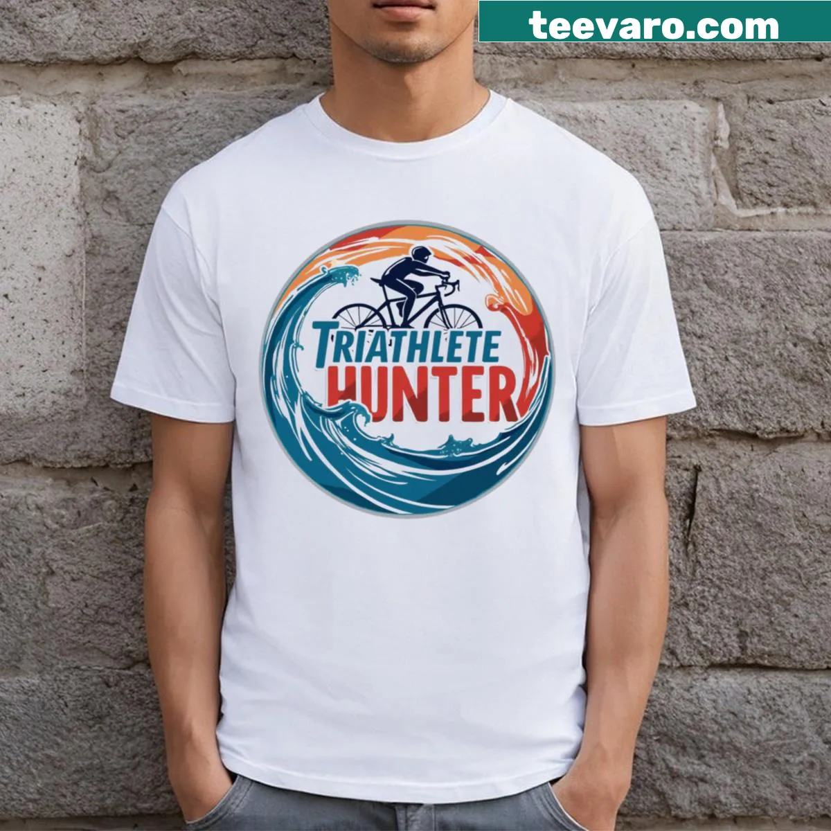 Dynamic triathlete shirt with 'Swim Bike Run' and name Hunter. — on a men's t-shirt