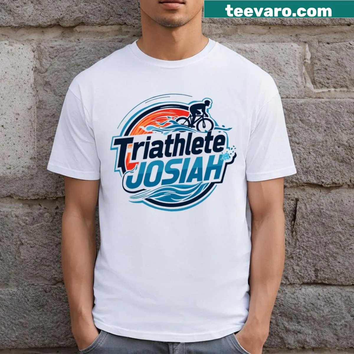 Dynamic triathlete shirt with 'Swim Bike Run' and name Josiah. — on a men's t-shirt
