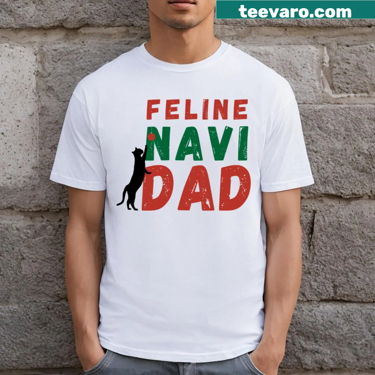 Festive t-shirt featuring holiday cat illustration — on a men's t-shirt