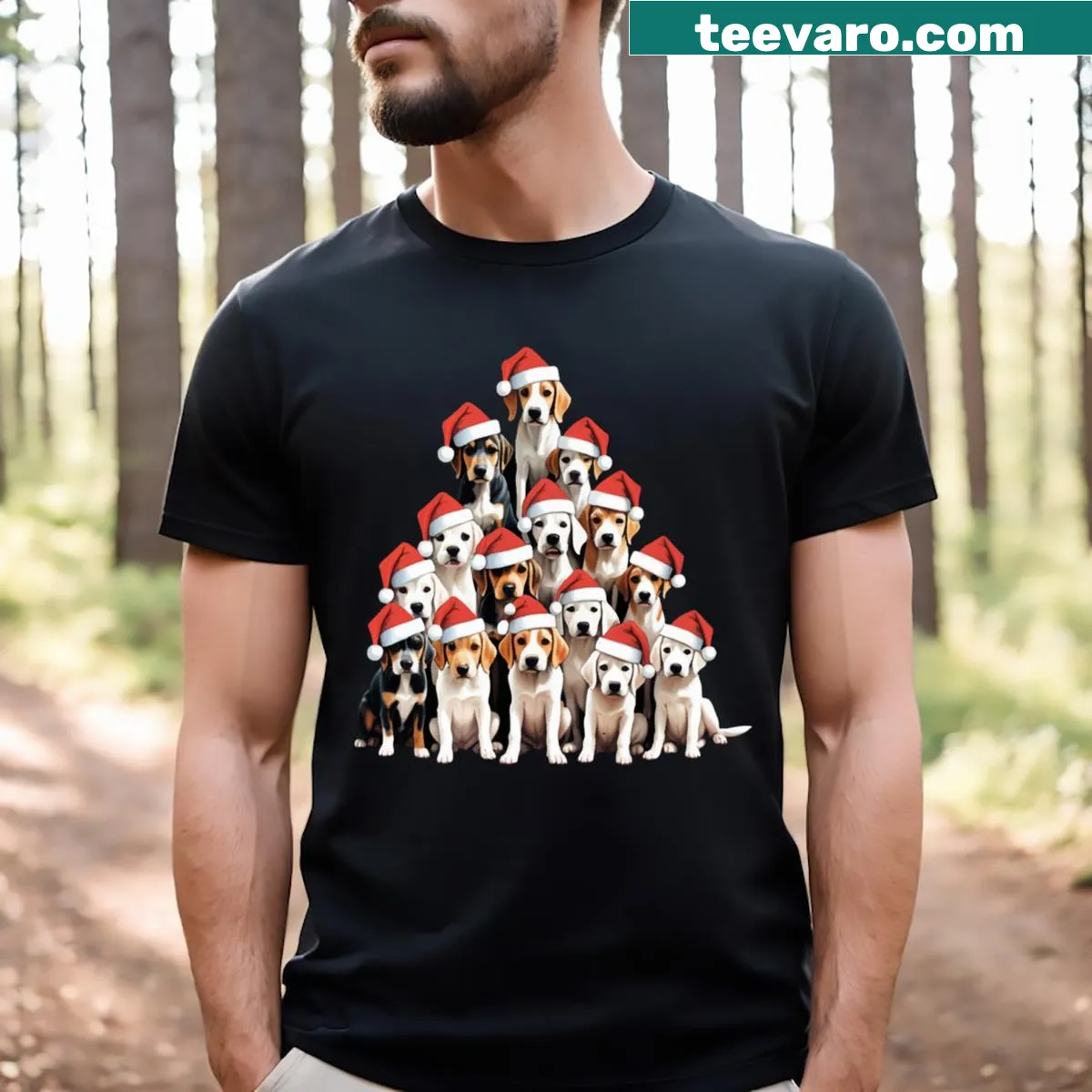 Foxhounds among Christmas trees in a festive design — on a men's t-shirt