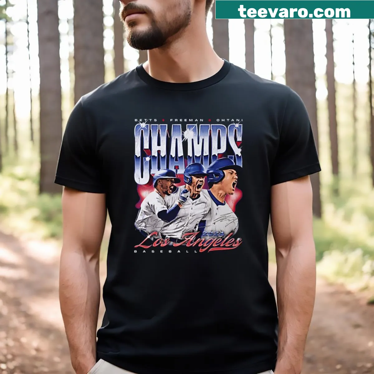 Graphic t-shirt featuring Freddie Freeman, Shohei Ohtani, and Mookie Betts as champs — on a men's t-shirt