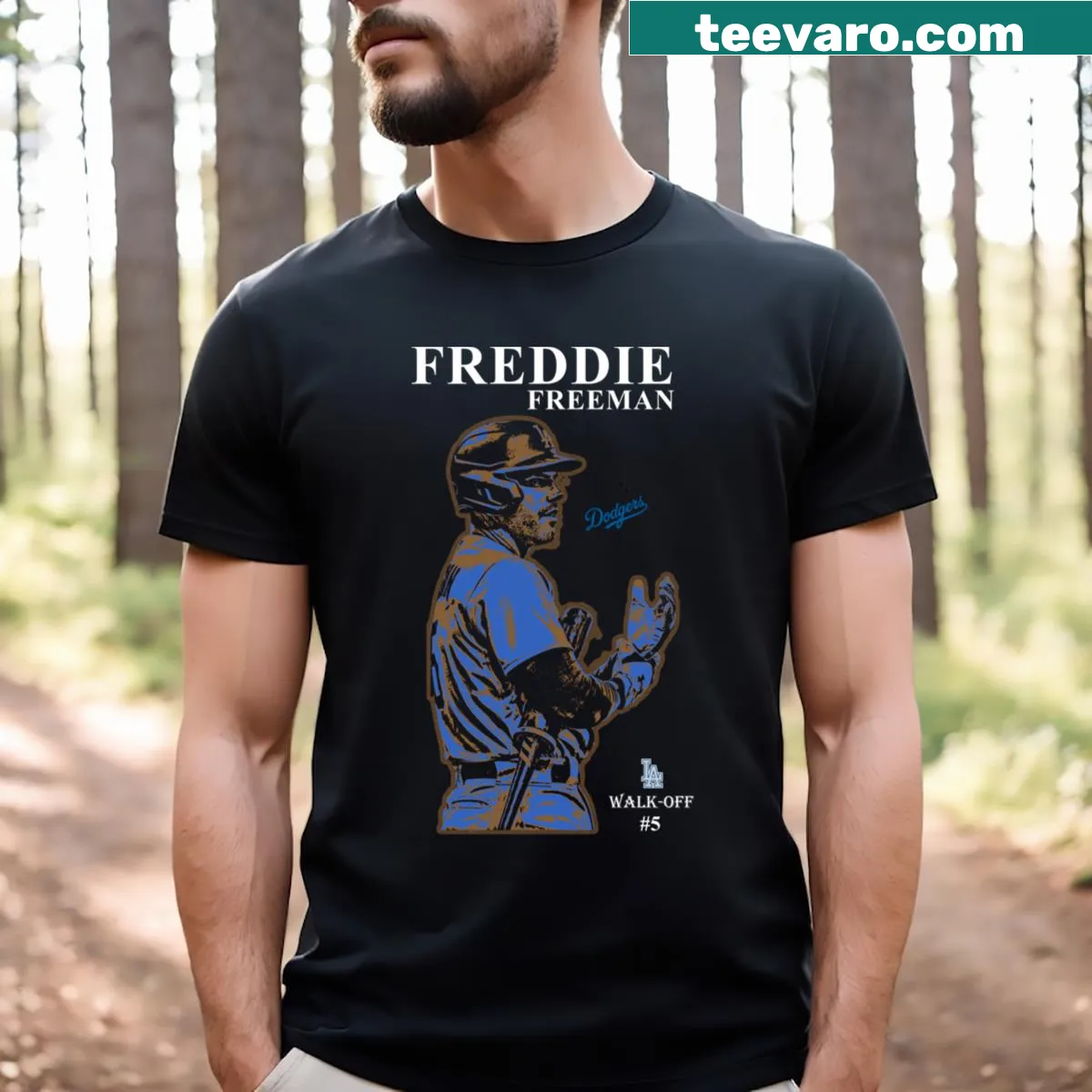 Graphic t-shirt featuring Freddie Freeman with Dodgers logo — on a men's t-shirt