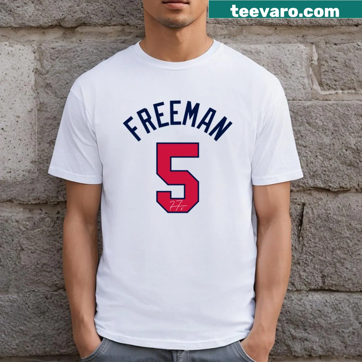 Atlanta white jersey T-shirt featuring Freddie Freeman's name — on a men's t-shirt