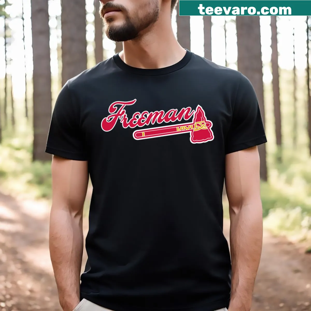 Navy T-shirt featuring Freddie Freeman's name — on a men's t-shirt