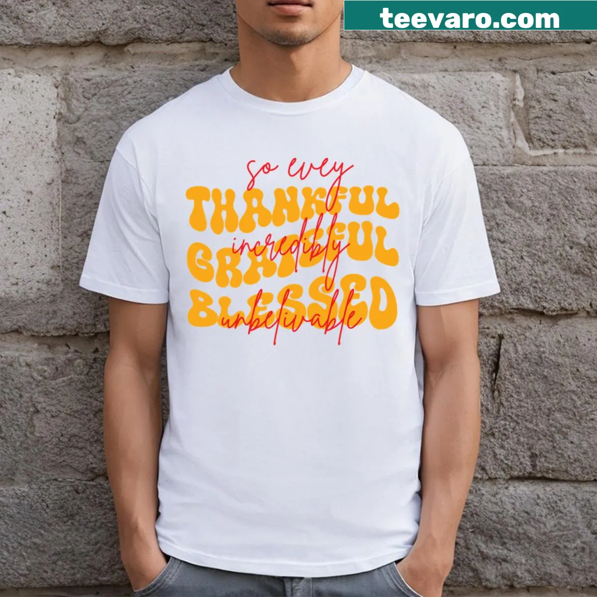 Vintage-style Thanksgiving t-shirt with groovy text — on a men's t-shirt