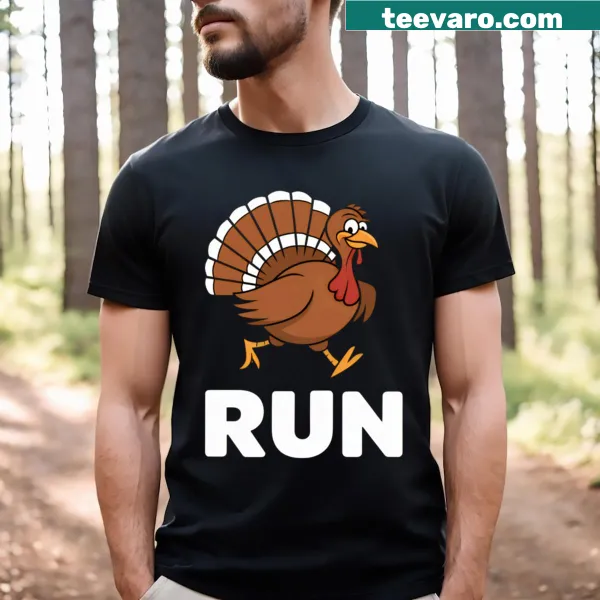 Funny T-shirt with running turkey graphic for Thanksgiving