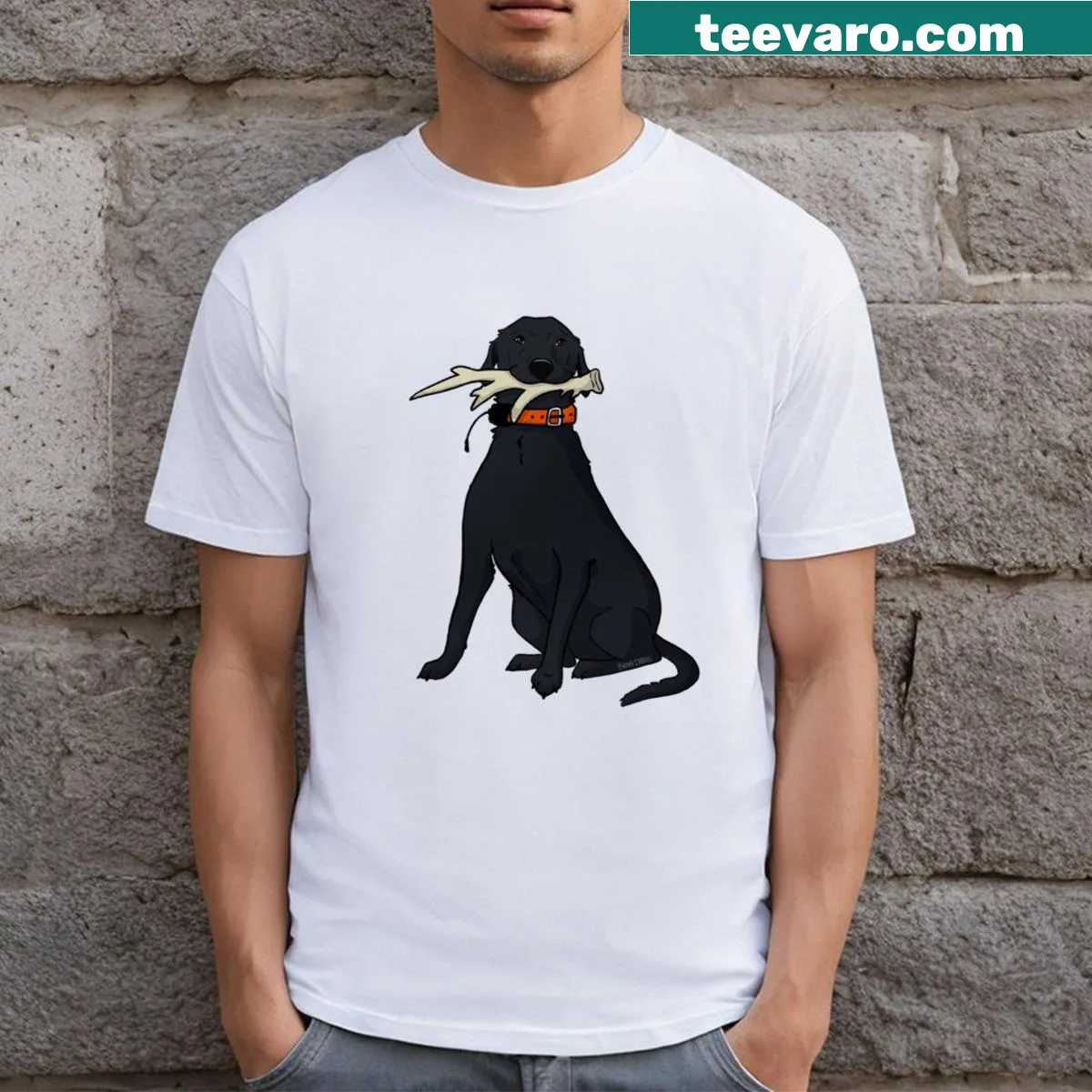 Illustrated t-shirt featuring a hunting buddy design — on a men's t-shirt
