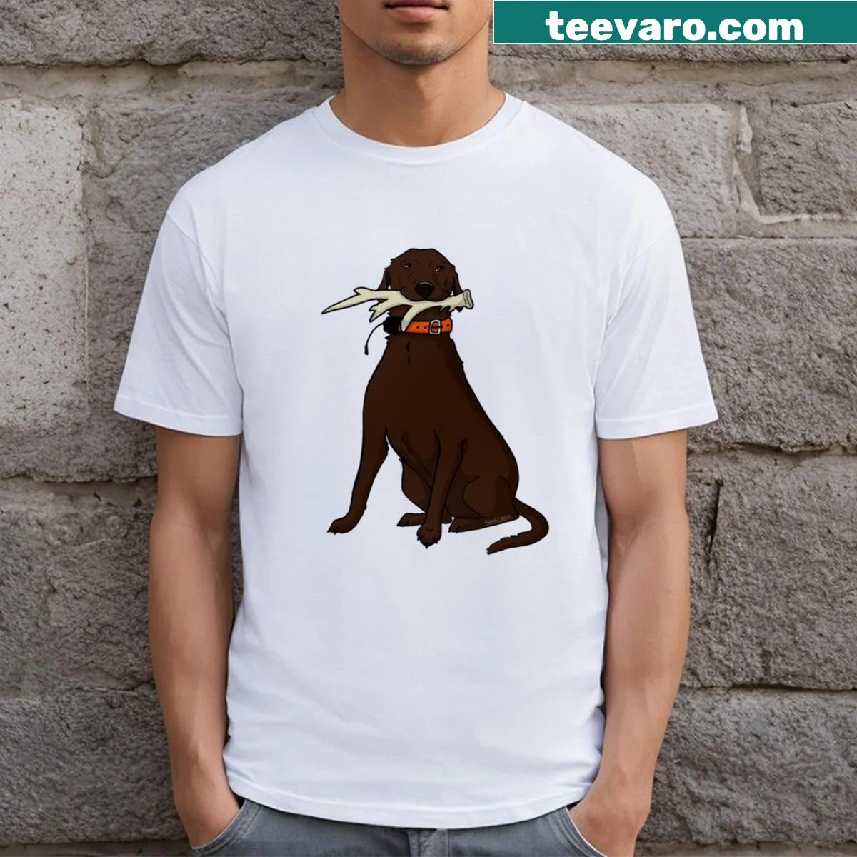 Illustrated t-shirt featuring a hunting buddy design — on a men's t-shirt