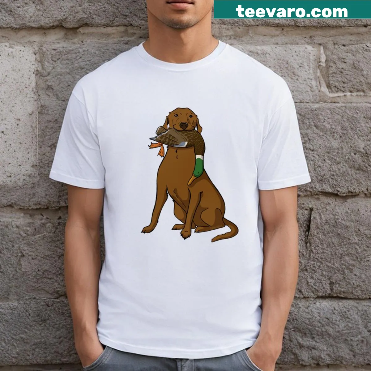 Illustrated t-shirt featuring a hunting buddy design — on a men's t-shirt