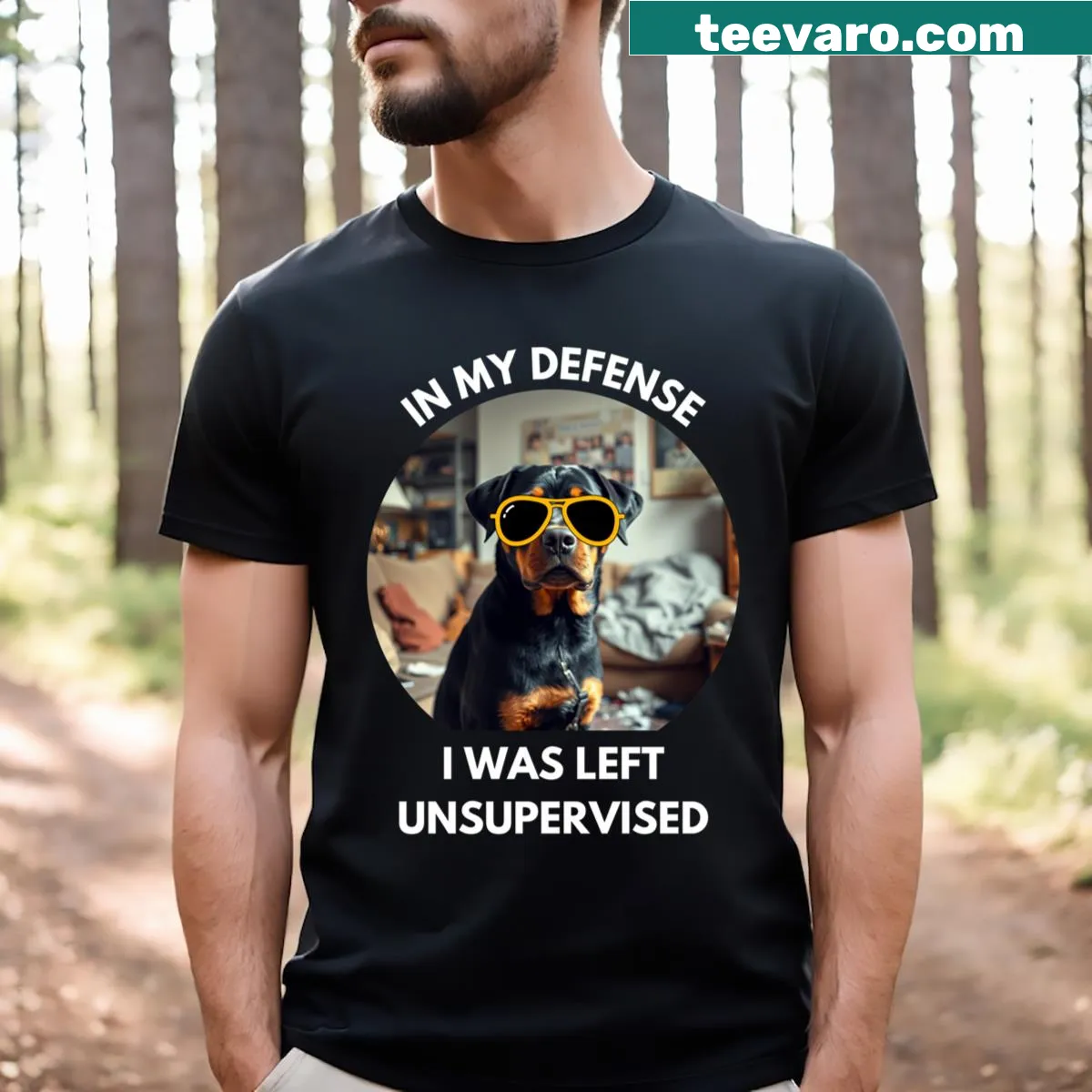 Funny Rottweiler t-shirt with humorous text about being left unsupervised — on a men's t-shirt