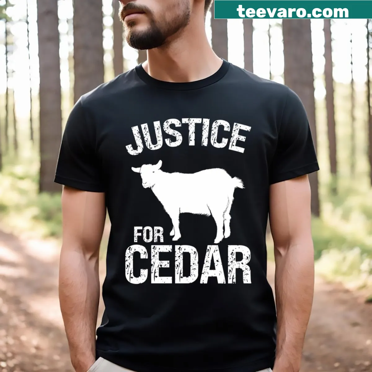 Illustrated t-shirt advocating for Cedar the Goat — on a men's t-shirt