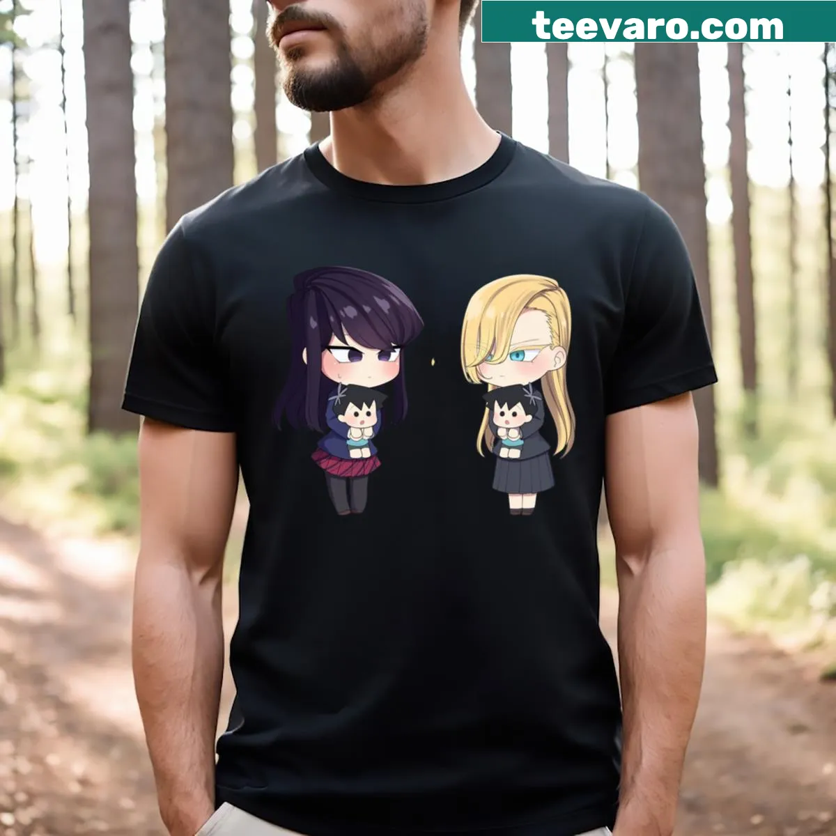 T-shirt featuring a cute illustration of Komi Shouko and Rami Kawai — on a men's t-shirt