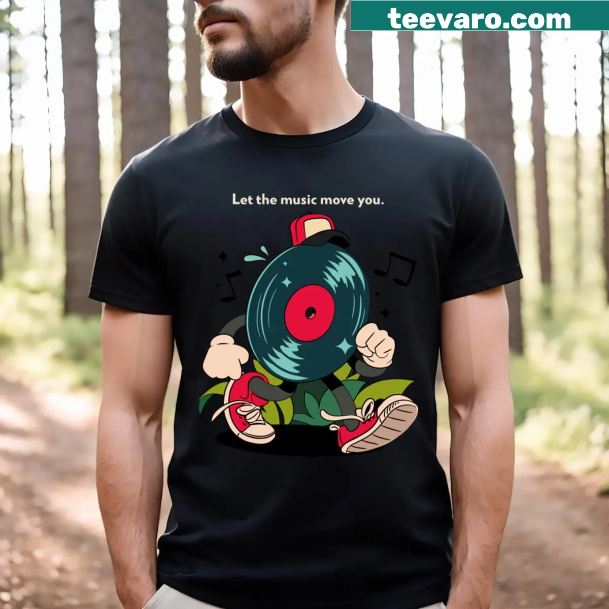 Inspirational T-shirt encouraging people to let music move them — on a men's t-shirt