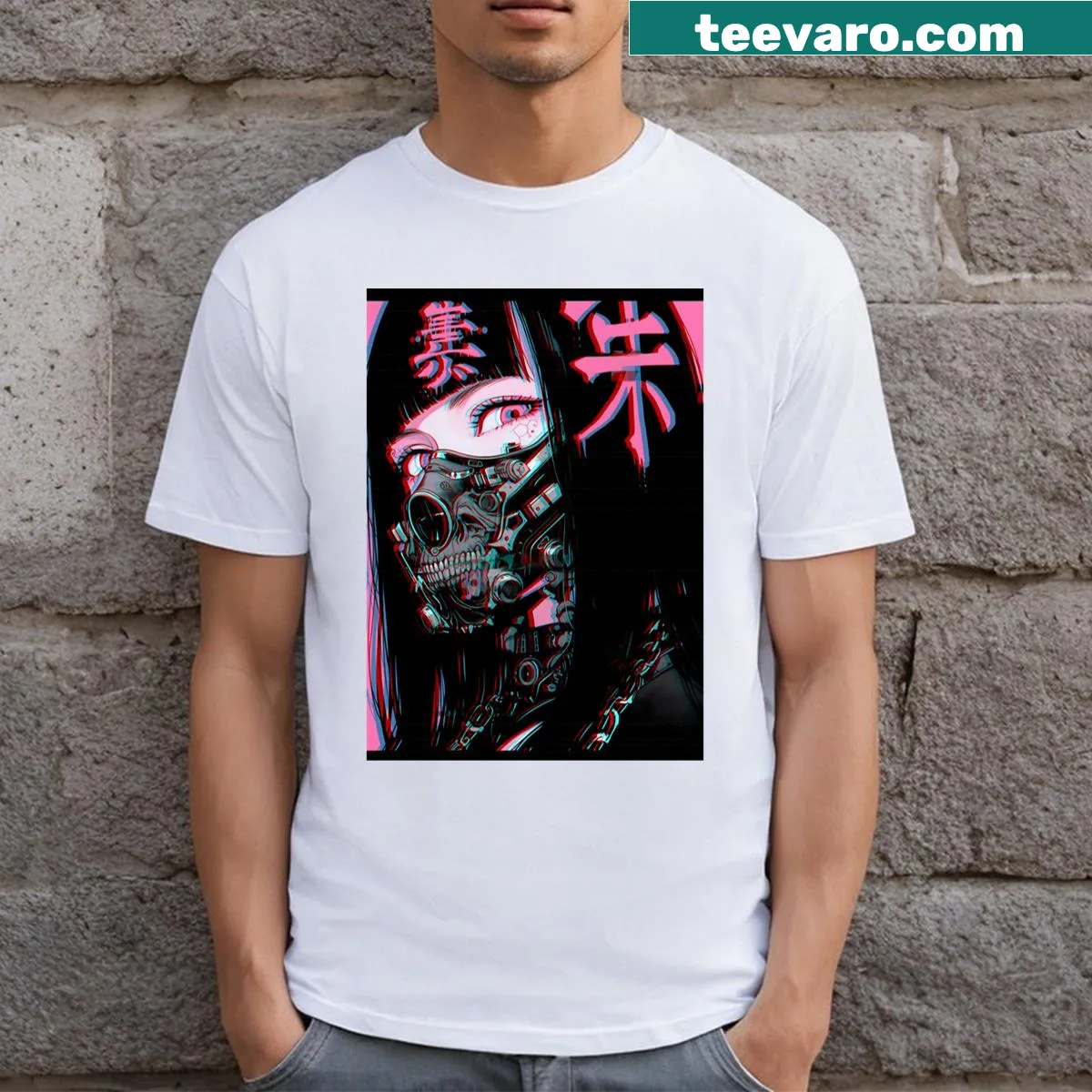 T-shirt featuring an imaginative illustration of a masked girl — on a men's t-shirt