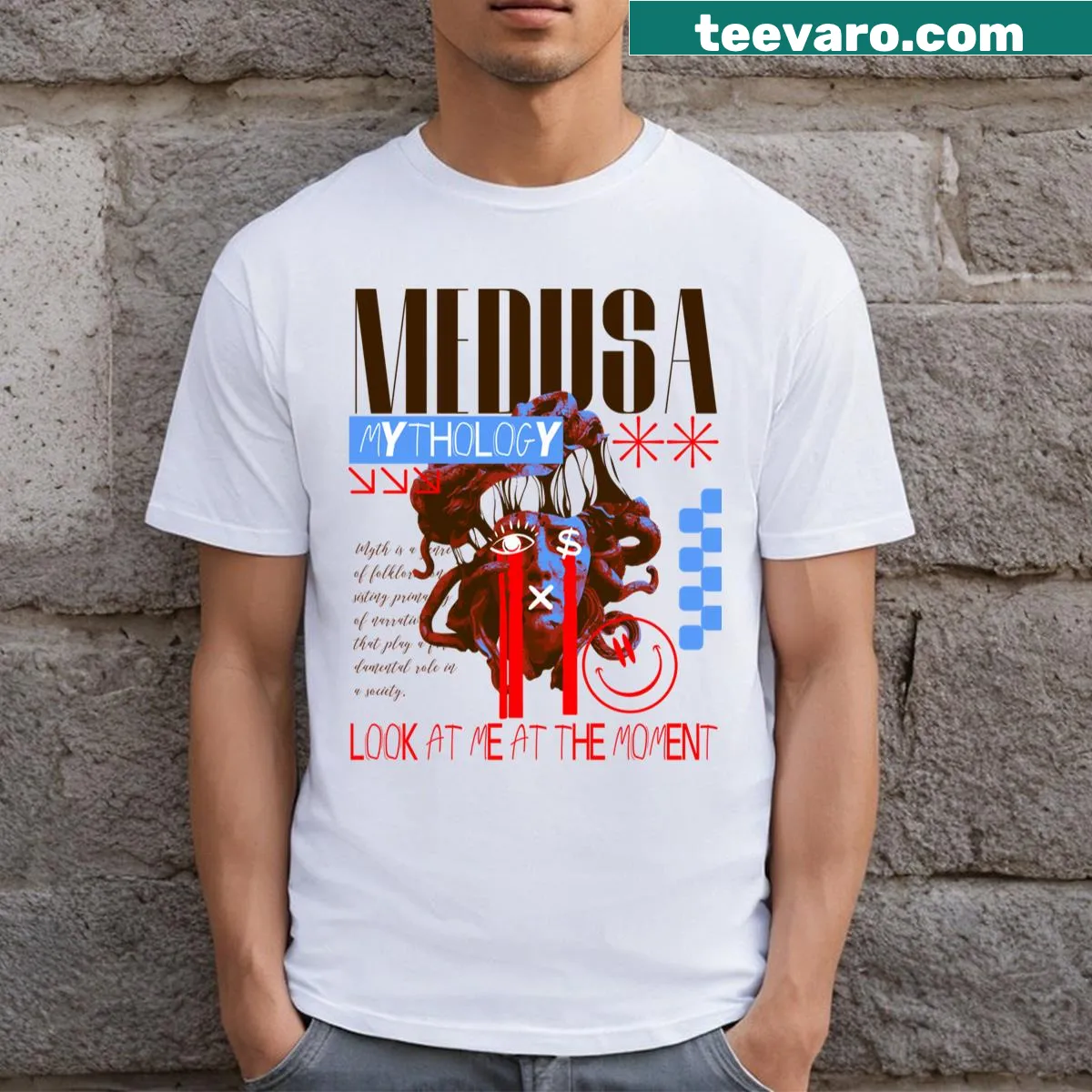 T-shirt featuring an illustration of Medusa from mythology — on a men's t-shirt
