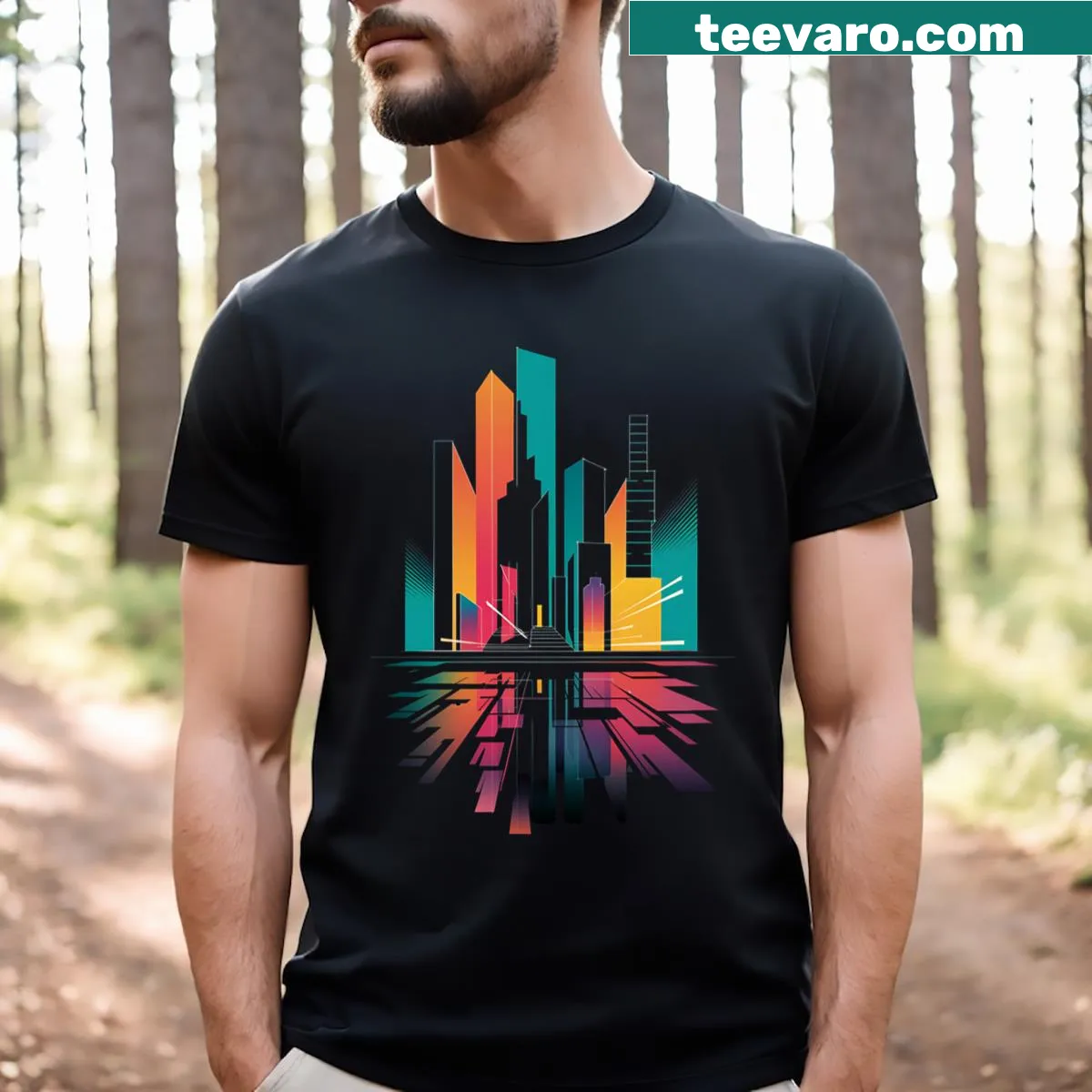 Artistic t-shirt featuring a vibrant neon cityscape design — on a men's t-shirt