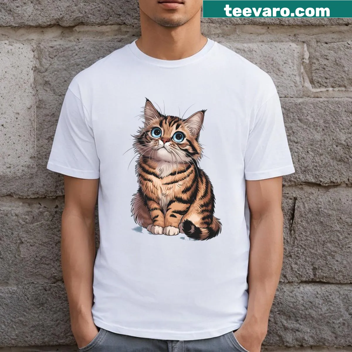 Illustrated T-shirt featuring various poses of playful cats — on a men's t-shirt