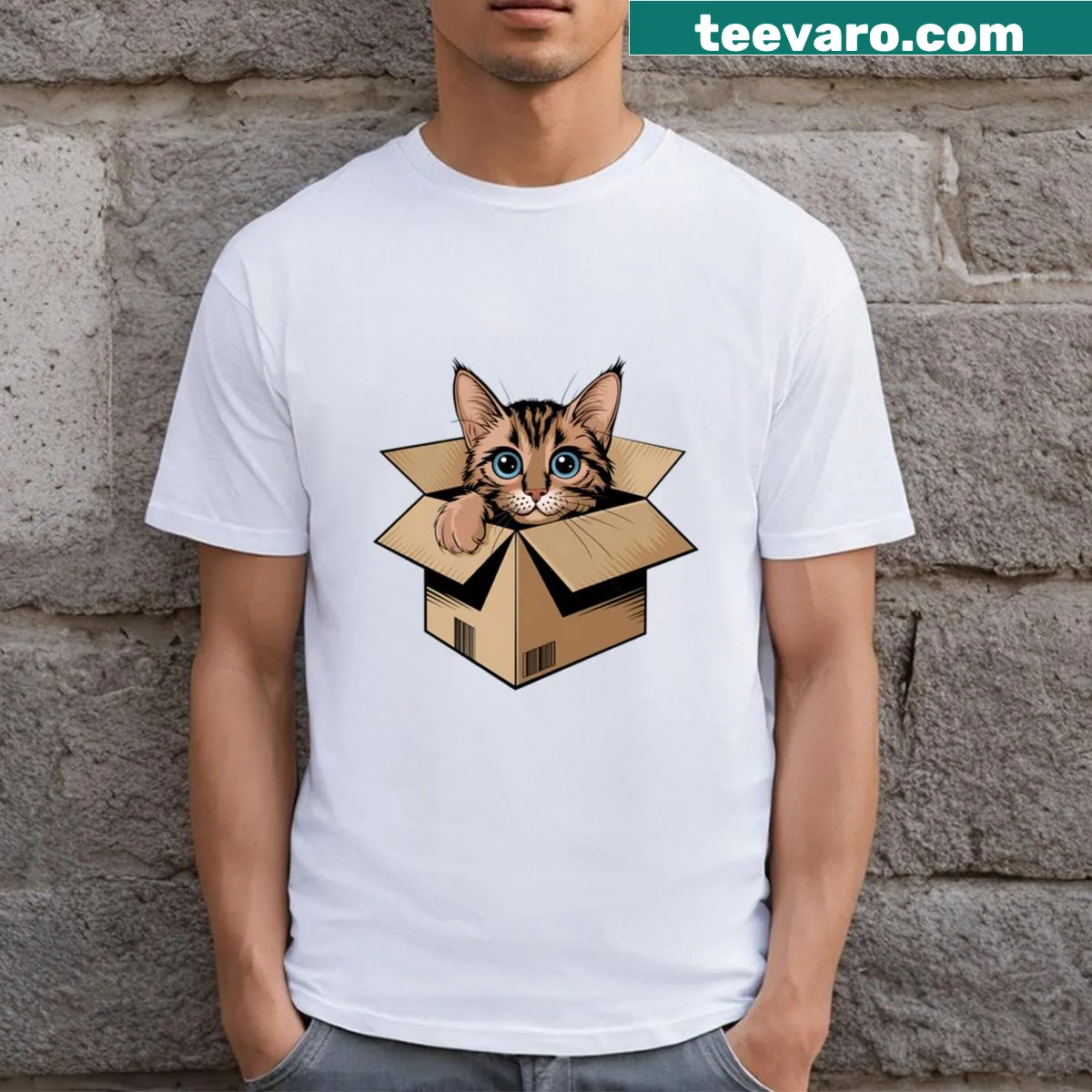 Cartoon T-shirt featuring a cat peeking from a box — on a men's t-shirt