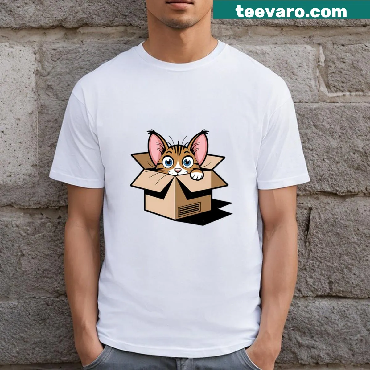 T-shirt featuring a playful cat peeking out — on a men's t-shirt