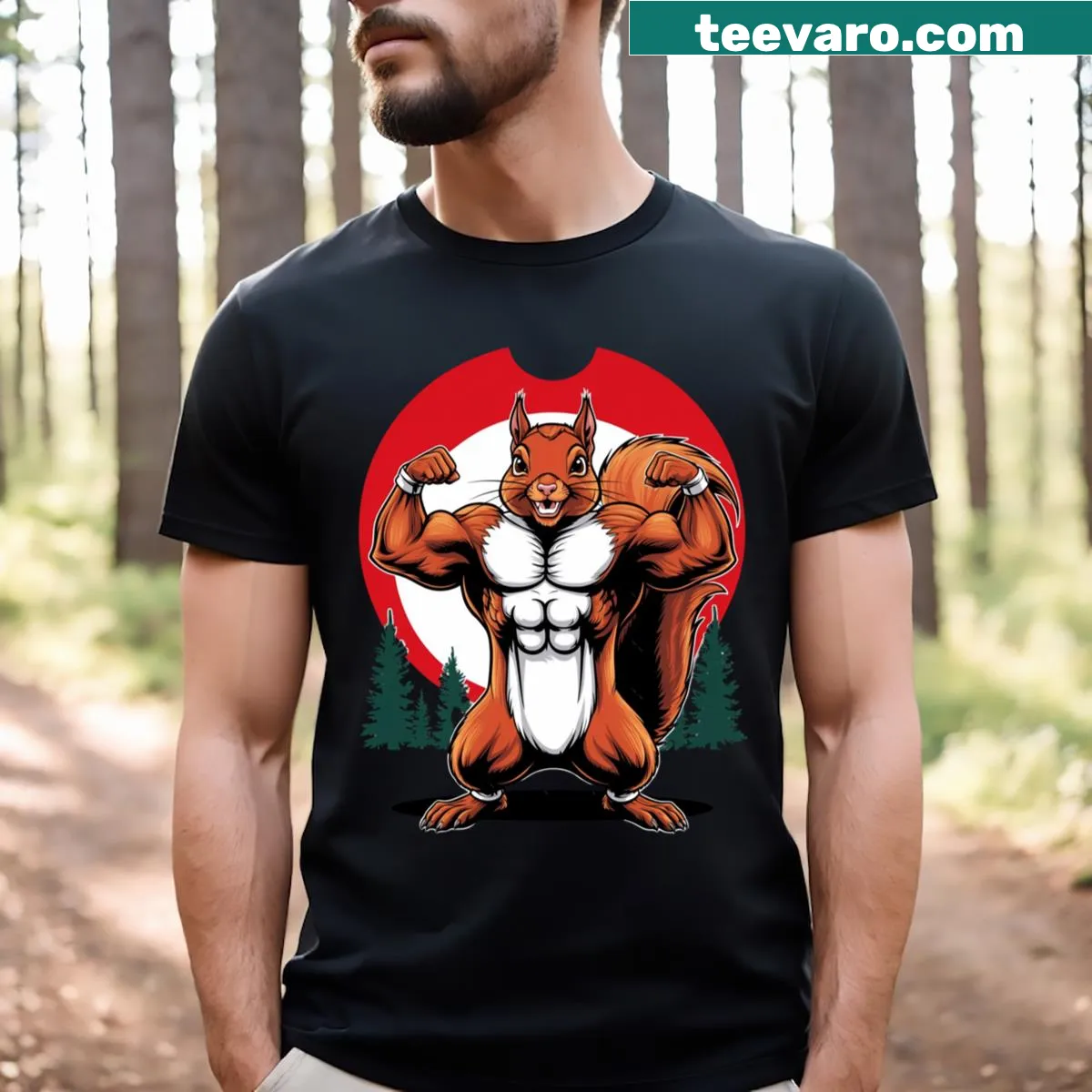 Illustrated T-shirt featuring a powerful squirrel — on a men's t-shirt