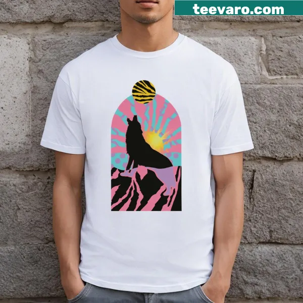 Psychedelic wolf illustration in pink on a T-shirt