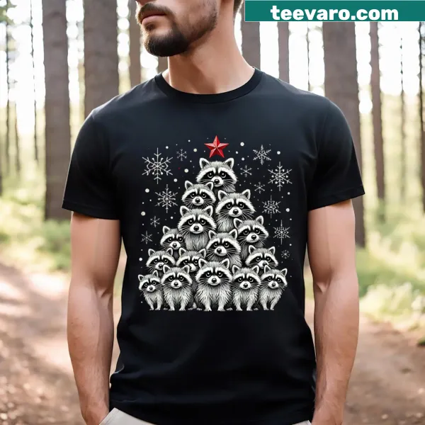 Cute raccoon with a Christmas tree illustration on T-shirt