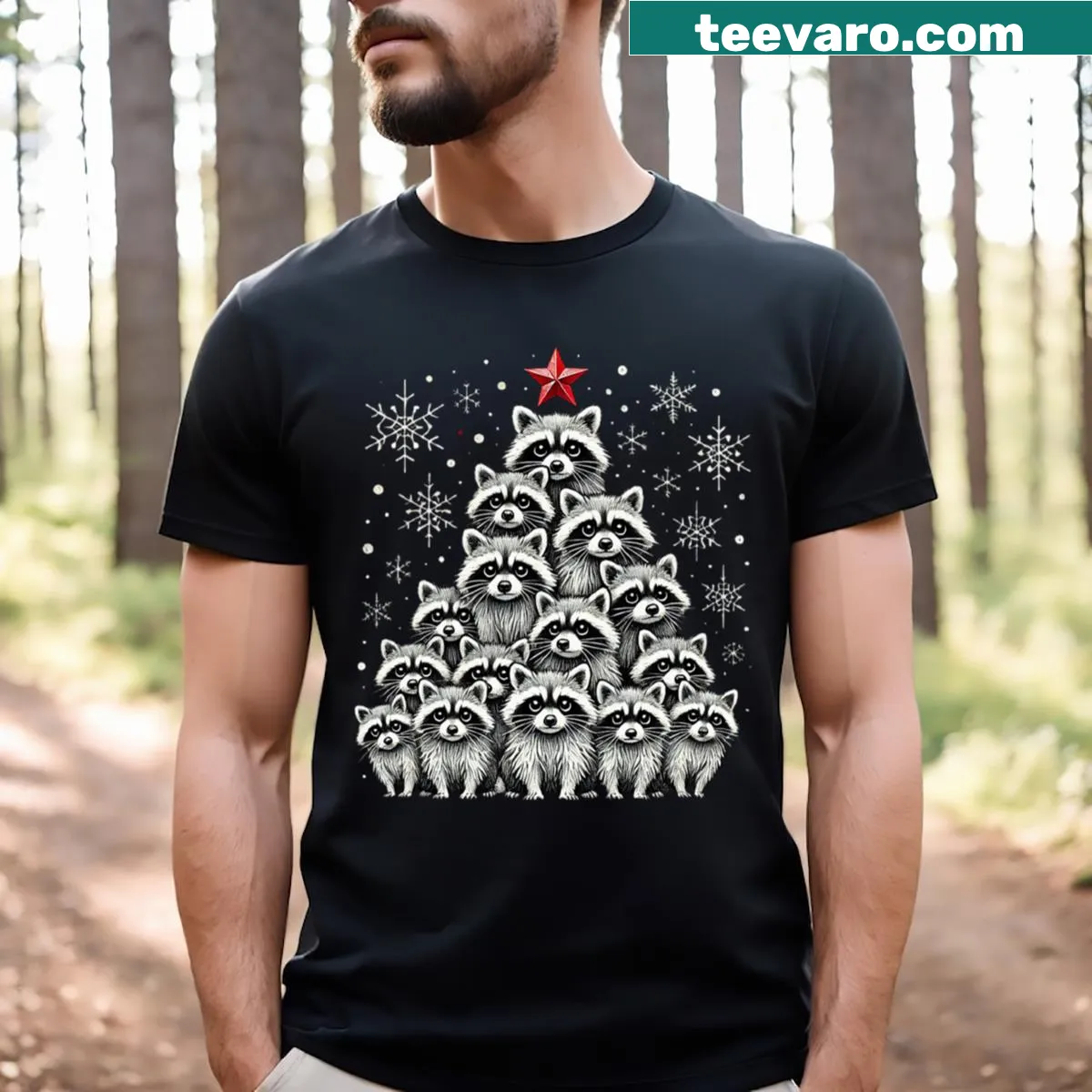 Cute raccoon with a Christmas tree illustration on T-shirt — on a men's t-shirt