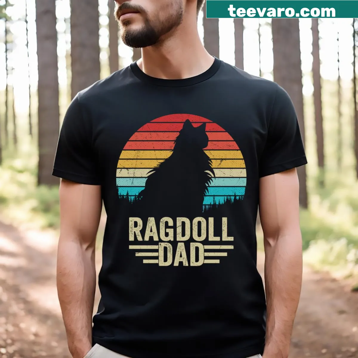 T-shirt for cat dads featuring 'Ragdoll Dad' text and playful graphics — on a men's t-shirt