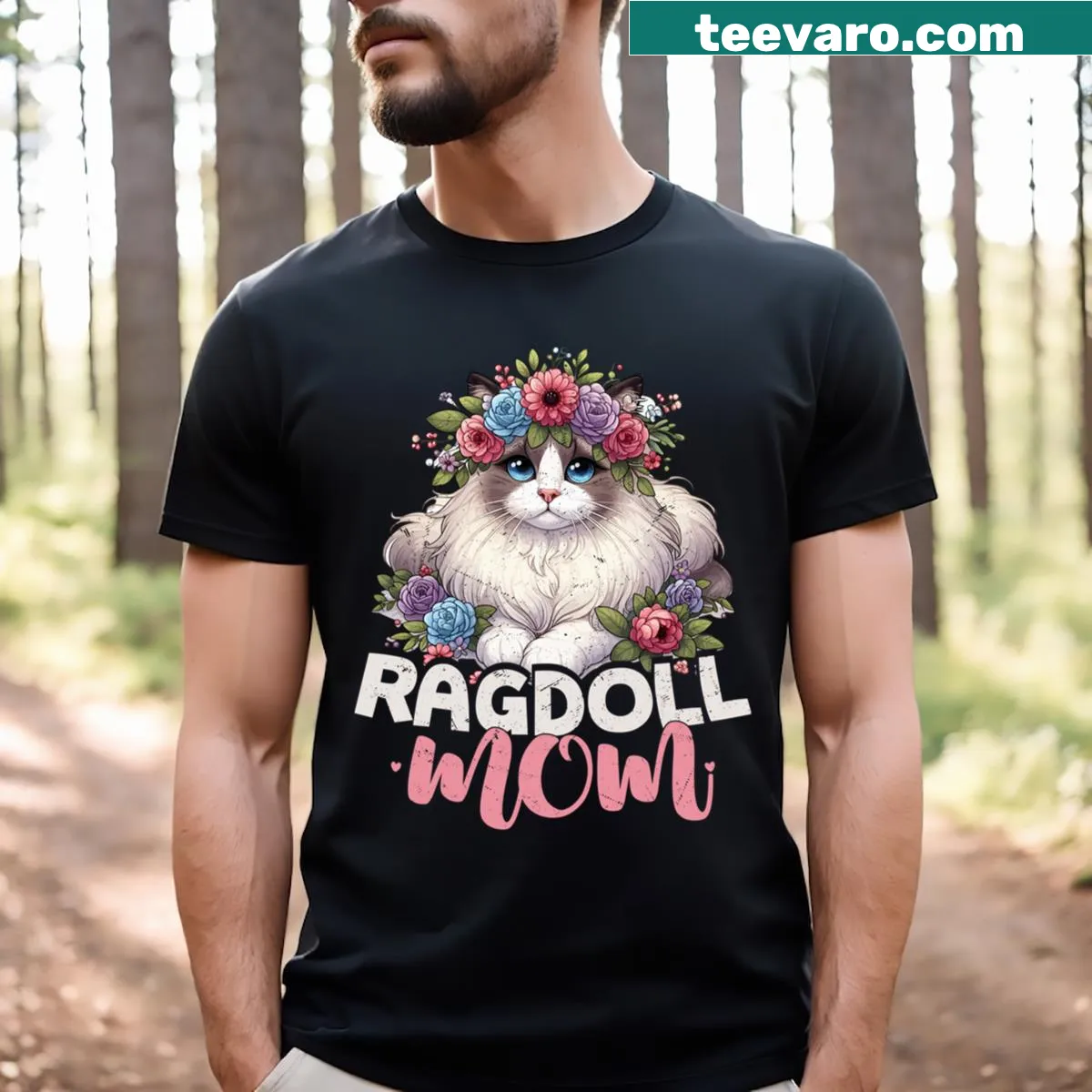T-shirt for cat moms featuring 'Ragdoll Mom' text — on a men's t-shirt