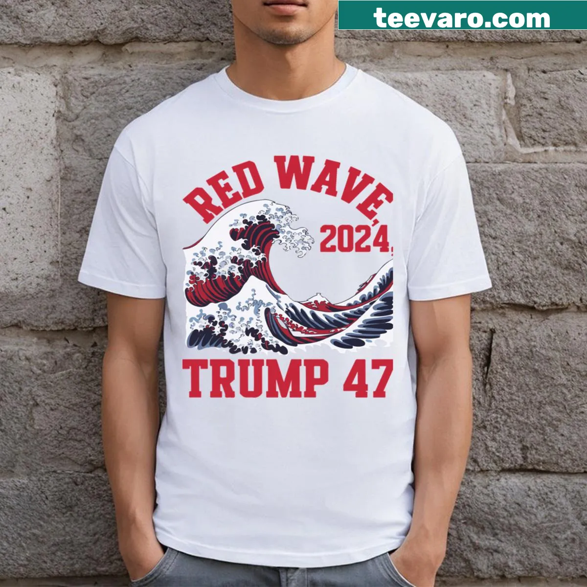 Bold typography T-shirt featuring Red Wave 2024 Trump graphic — on a men's t-shirt