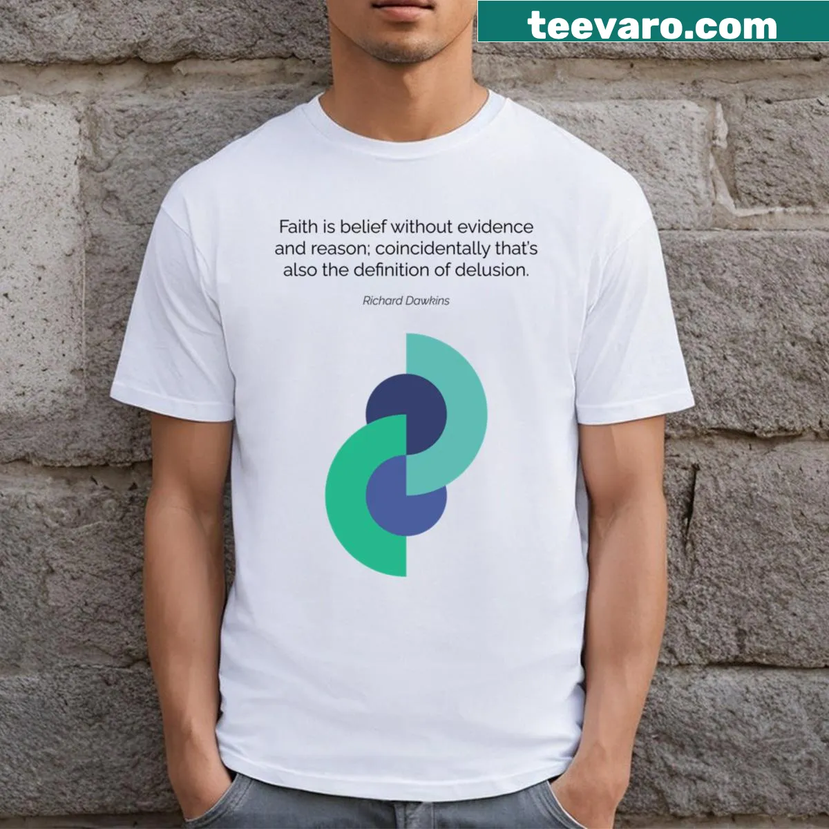 Geometric art T-shirt featuring Richard Dawkins' quote — on a men's t-shirt