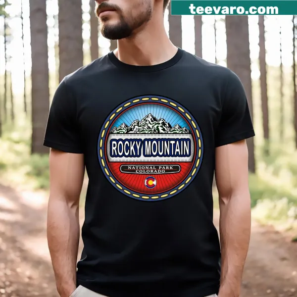 Stitching effect emblem of Rocky Mountain National Park on T-shirt