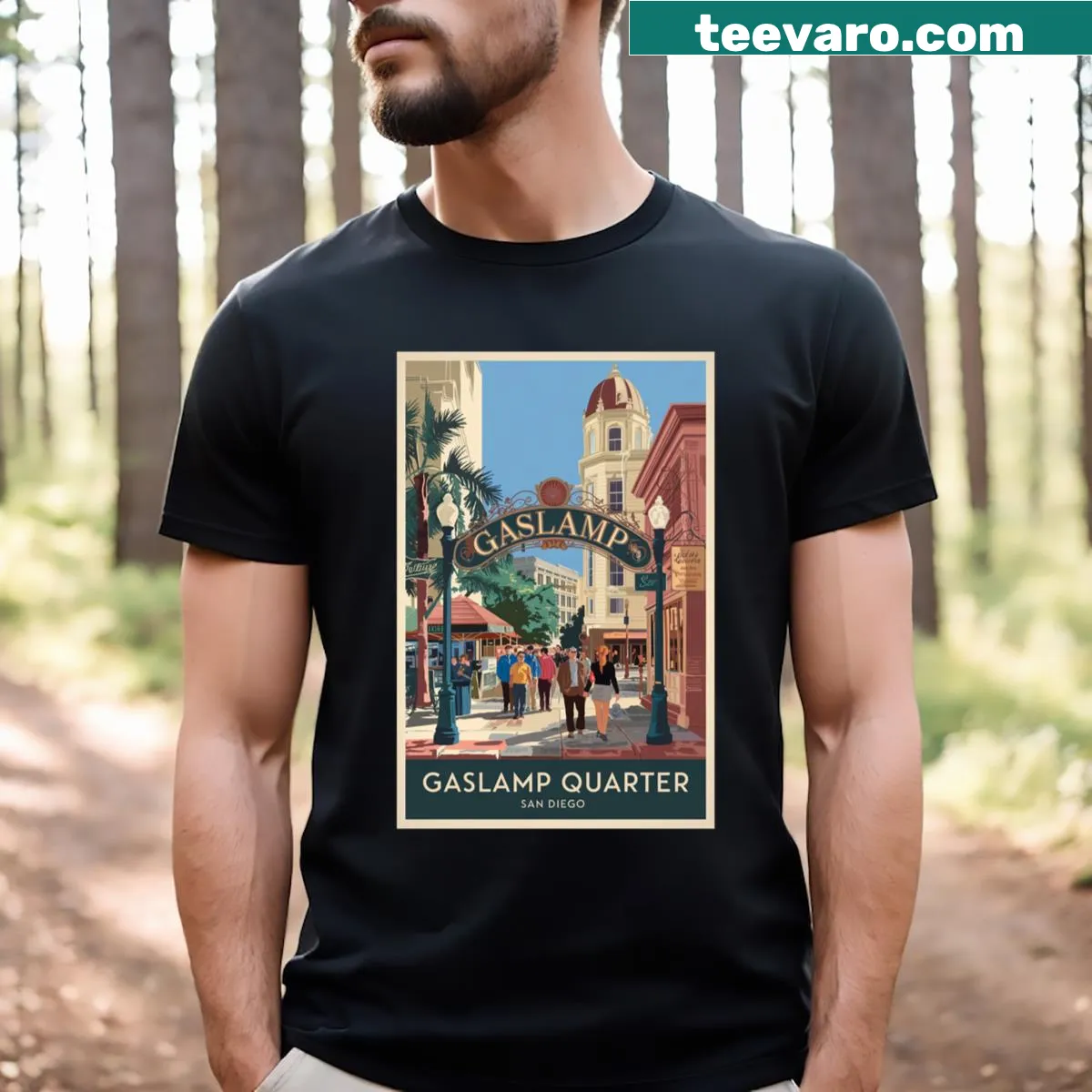 Vintage travel poster design T-shirt featuring San Diego — on a men's t-shirt