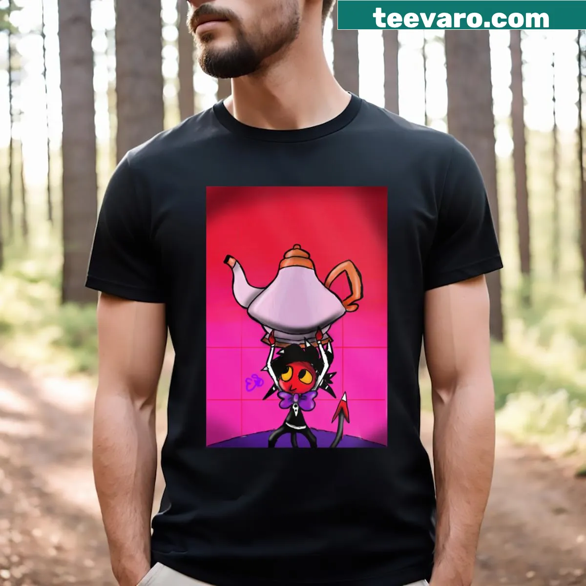 Whimsical Teacup Imp illustration on T-shirt — on a men's t-shirt
