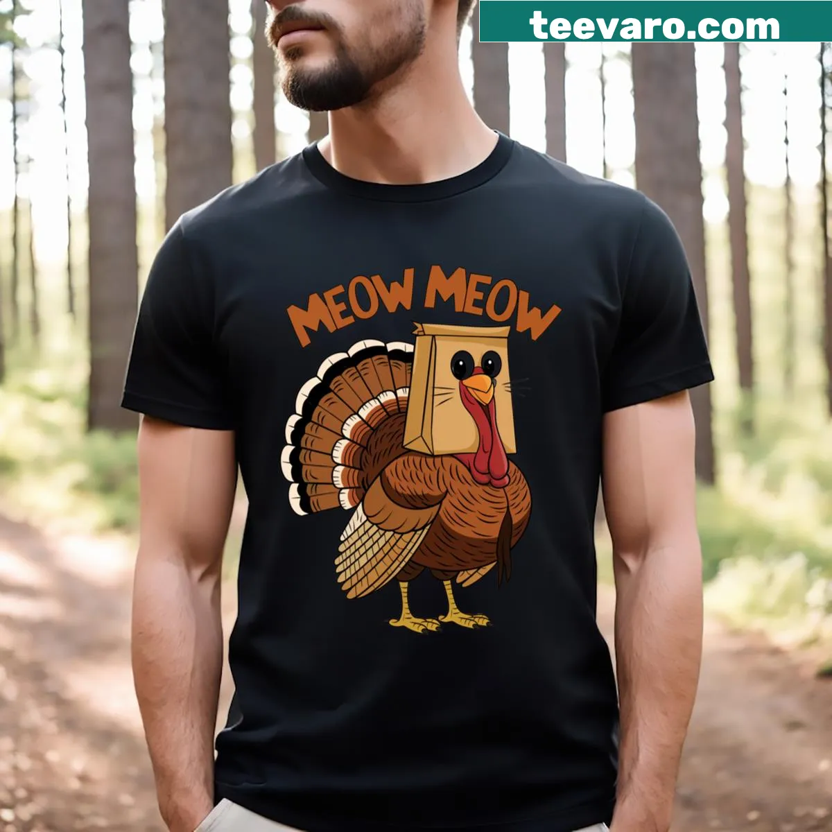 Funny Thanksgiving t-shirt featuring a cat and turkey design — on a men's t-shirt