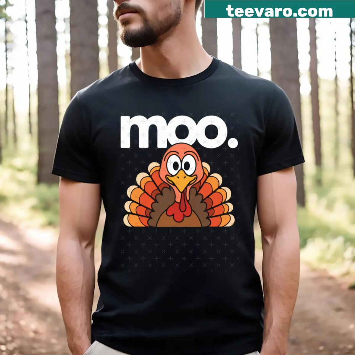 Funny Turkey Moo T-shirt with cartoon design for fall — on a men's t-shirt