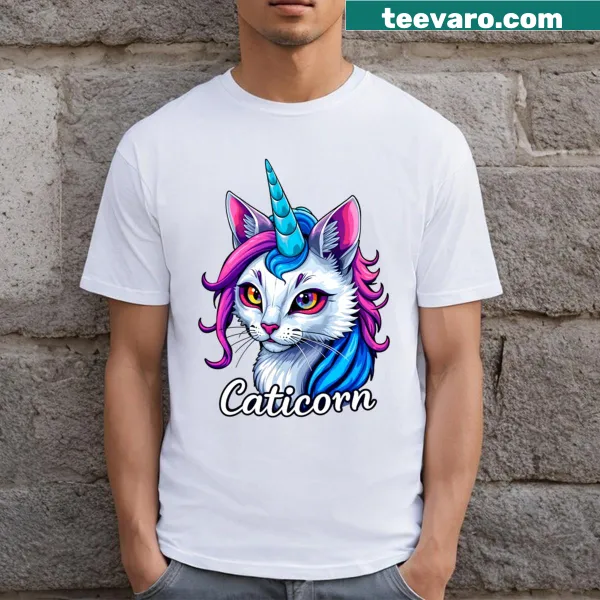 Cute Caticorn t-shirt featuring a cat with unicorn traits