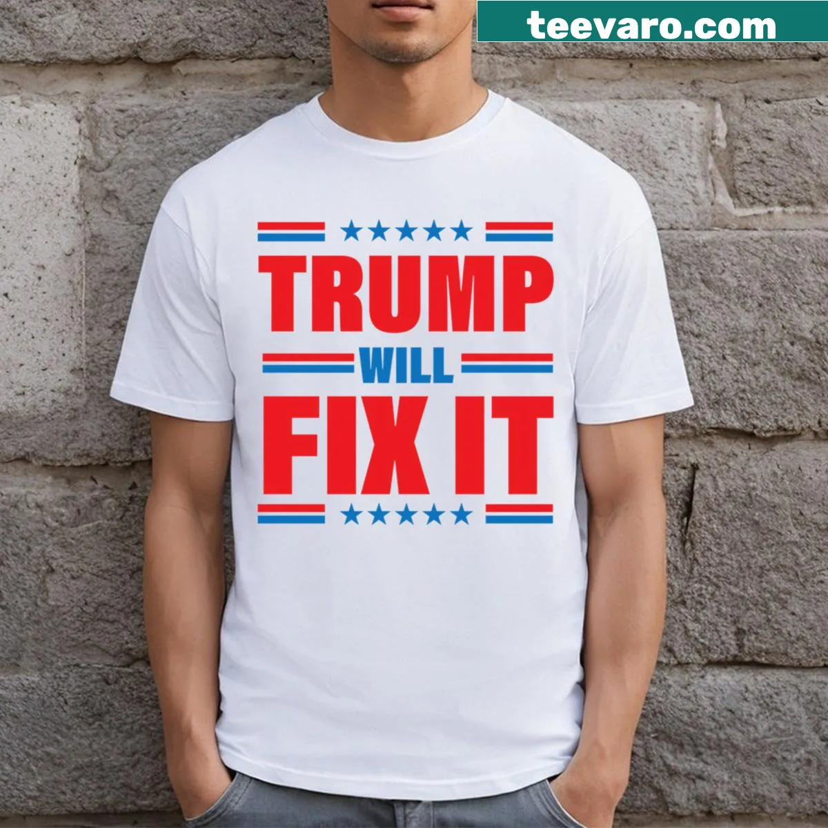 T-shirt with bold text 'Trump 2024 Election Will Fix It' — on a men's t-shirt