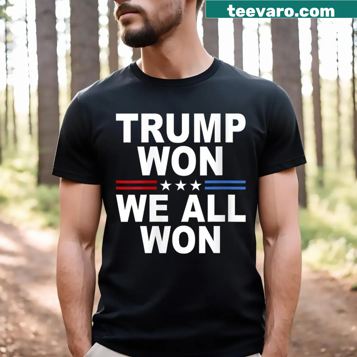 T-shirt with 'Trump Won We All Won 2024' and USA flag design — on a men's t-shirt
