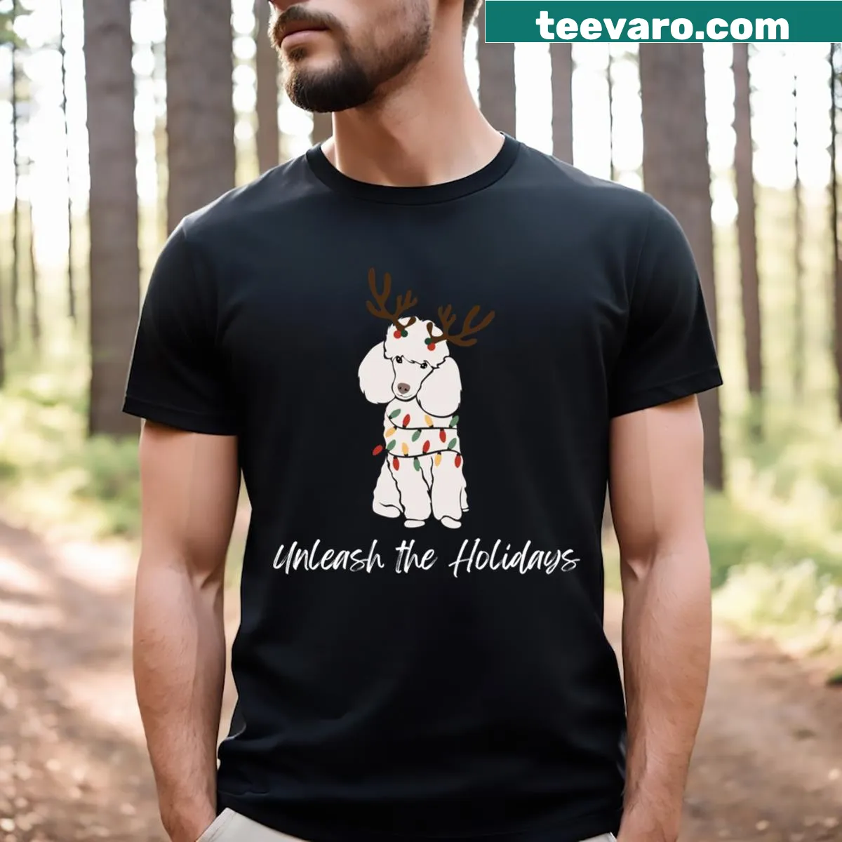 Cartoon white poodle in reindeer antlers and Christmas lights — on a men's t-shirt