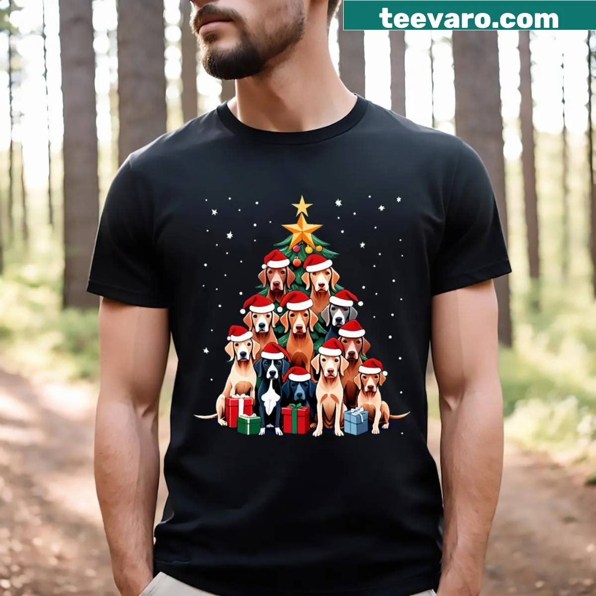 Adorable Vizsla dogs around a Christmas tree graphic t-shirt — on a men's t-shirt
