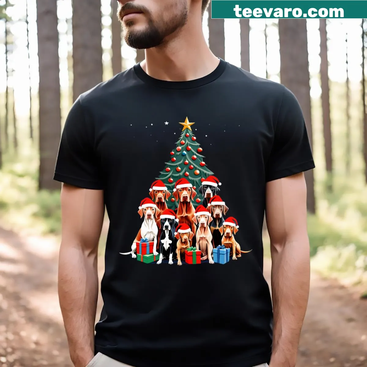 Funny Christmas t-shirt featuring playful Vizsla dogs and a tree — on a men's t-shirt