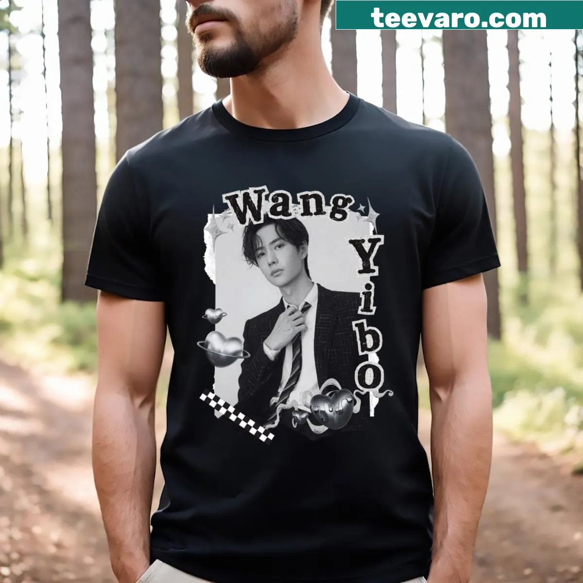 Black and white collage of Wang Yibo on a stylish t-shirt — on a men's t-shirt