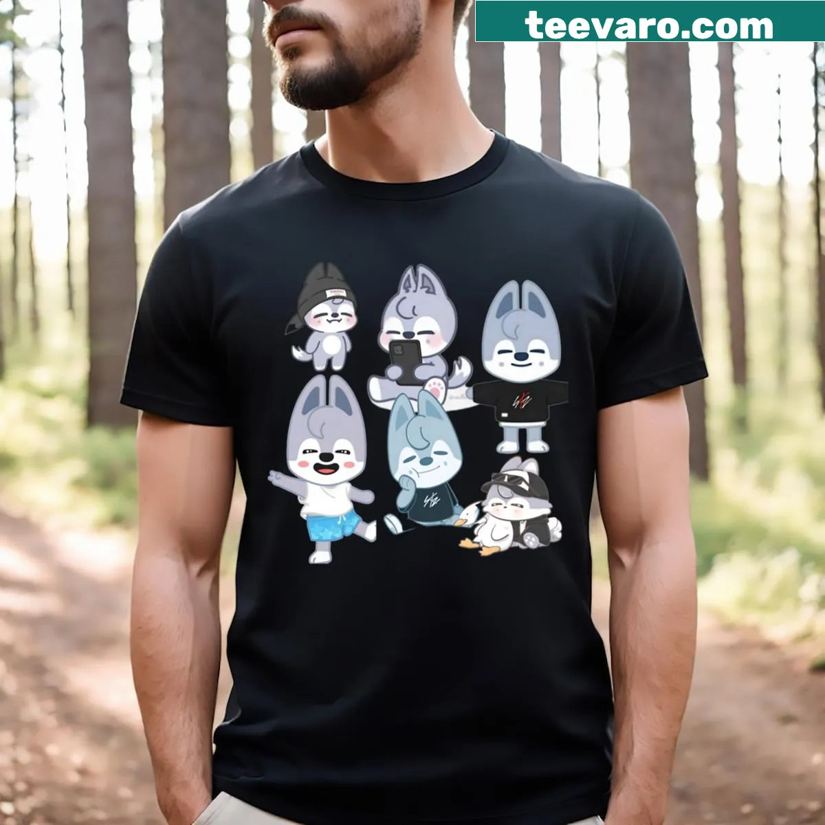 Playful cartoon design featuring repeated 'Wolfchan' text — on a men's t-shirt