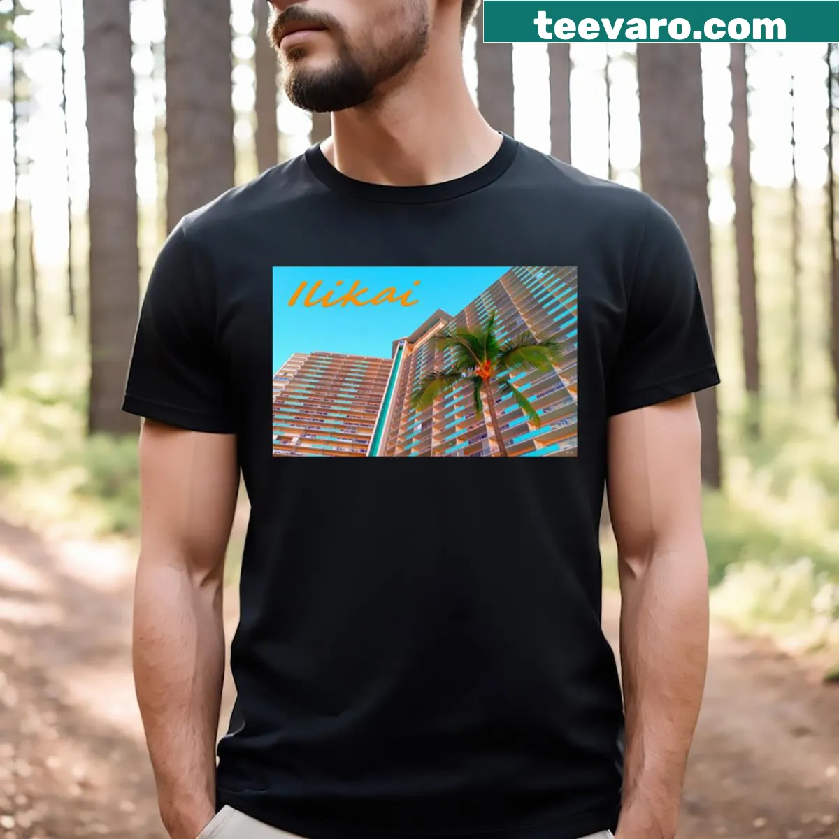 Illustration of the World Famous Ilikai in a vintage style — on a men's t-shirt