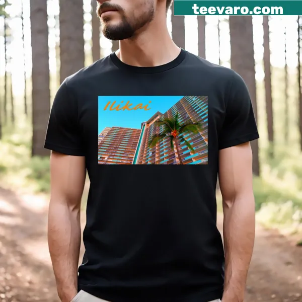 Illustration of the vibrant blue Ilikai hotel on a t-shirt