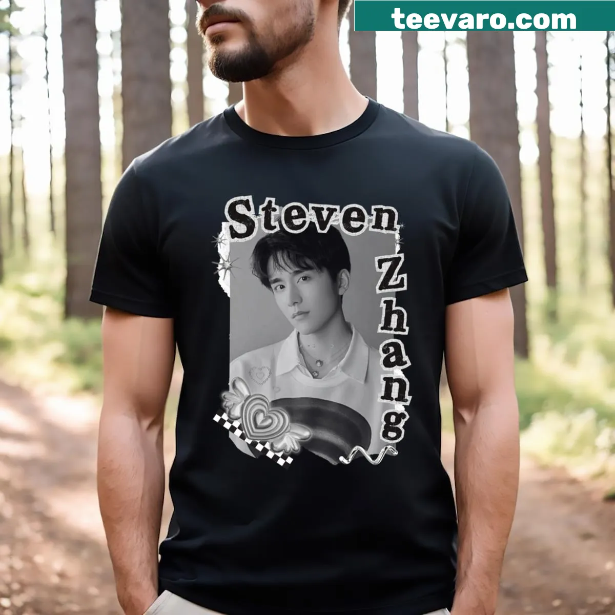 Black and white collage of Zhang Xincheng on a t-shirt — on a men's t-shirt