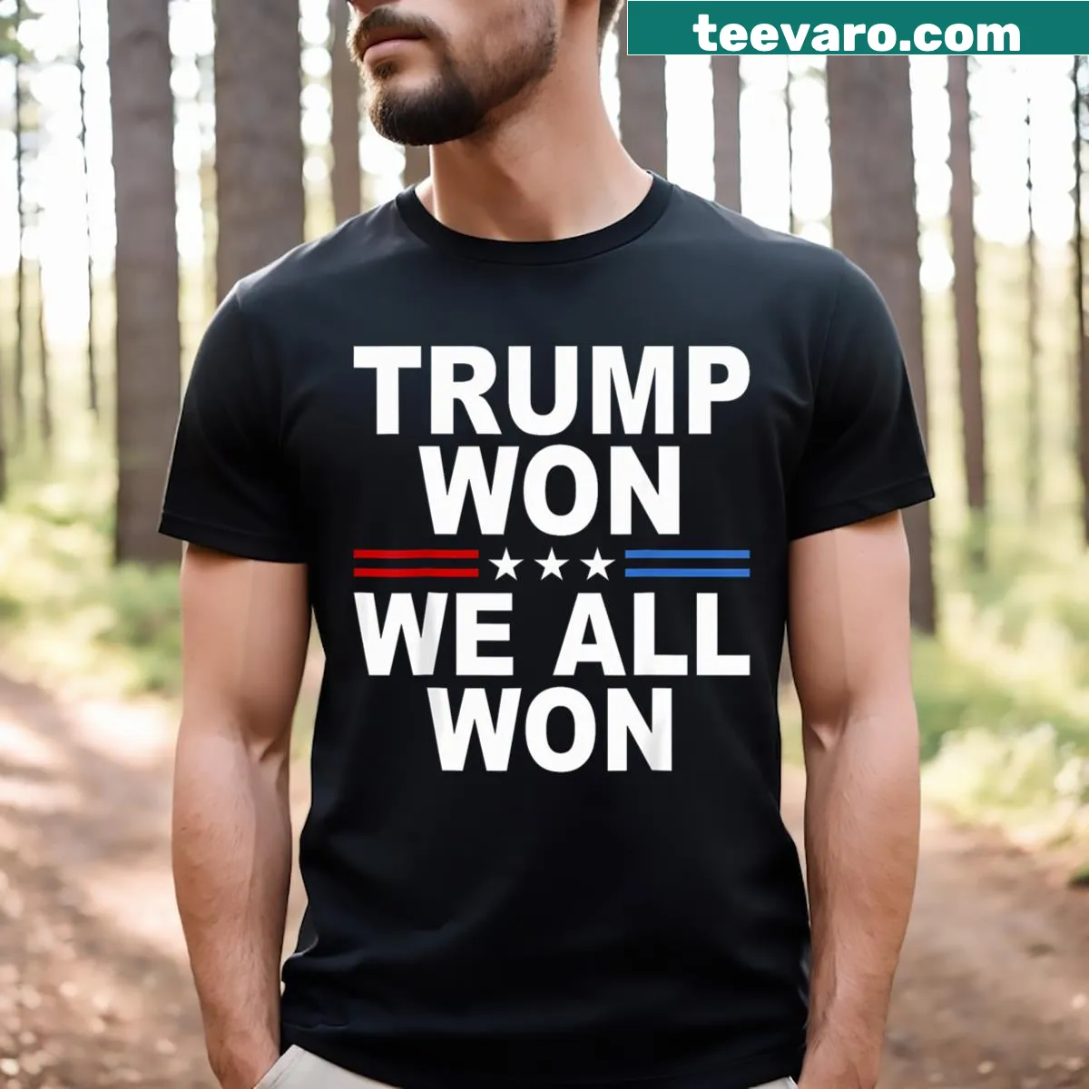 Text graphic of 'Trump Won' with USA flag design — on a men's t-shirt